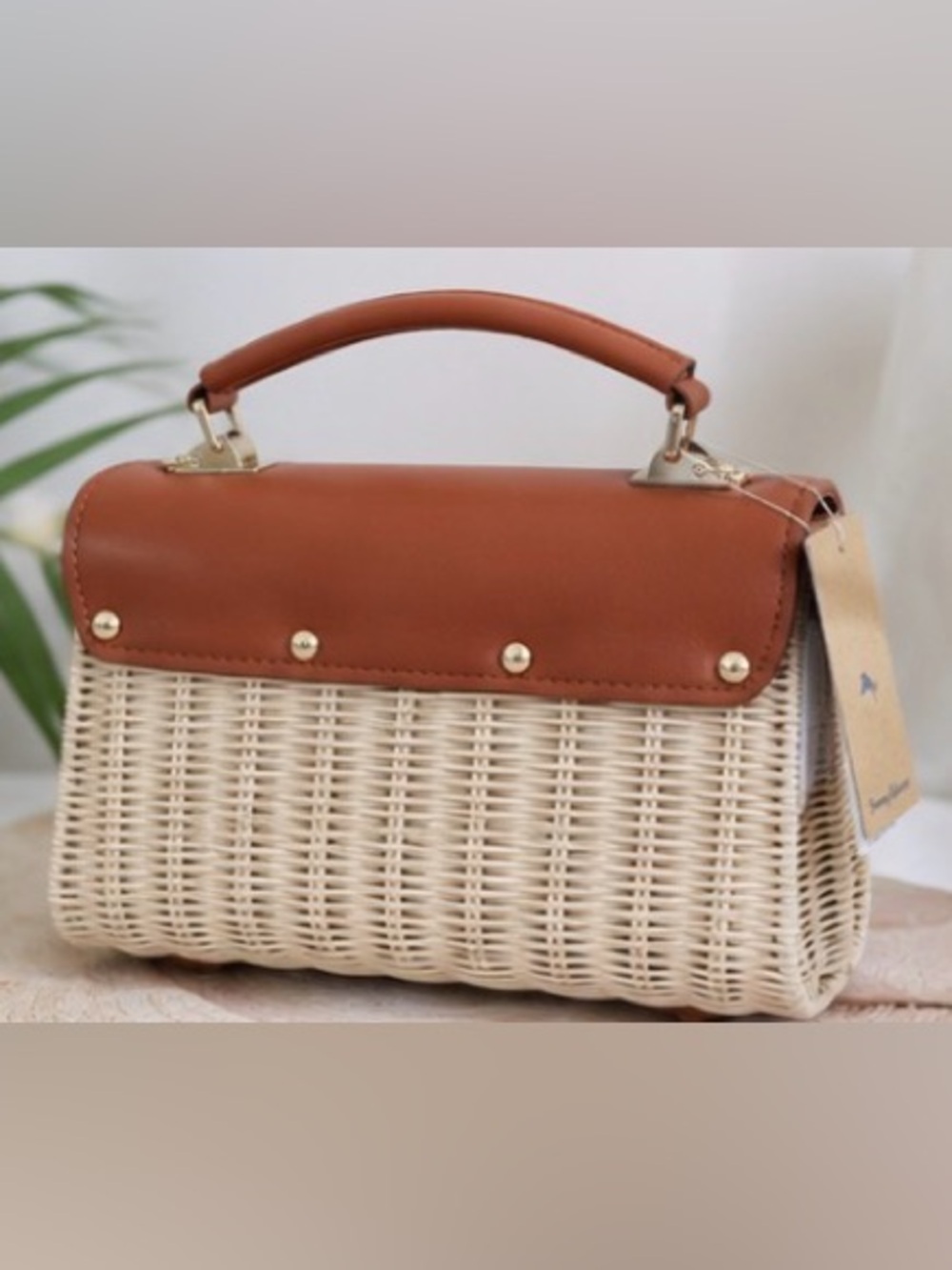 Tommy Bahama Natural Woven Rattan Leather Top Handle Satchel Crossbody Bag Tan - Picture 7 of 16